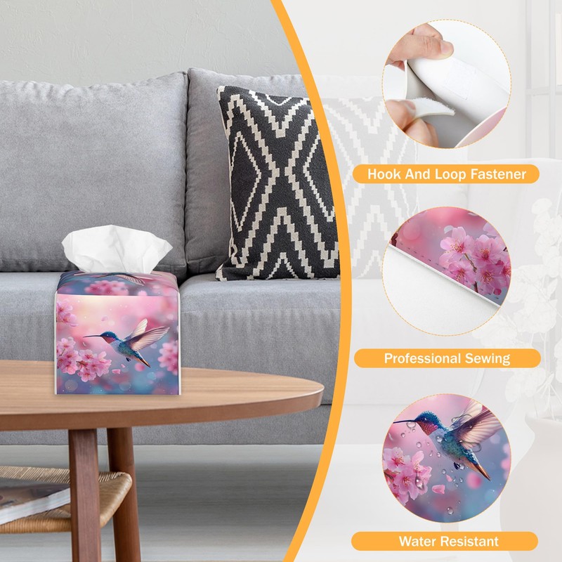 French Hummingbird Flower 2 Pcs Tissue Box Cover Square Leather