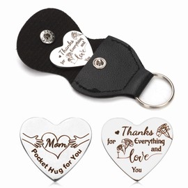 PEUTIER Pocket Hug for Mom, Pocket Hug Token with PU Leather Keychain Stainless Steel Double Sided Heart Pocket Hug Coin Long Distance Relationship Gifts for Mom, Medium