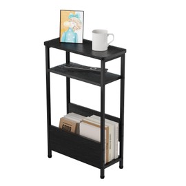 THUMEYE 7.1" Narrow Side Table for Small Spaces, 3 Tier Small End Table with Magazine Holder, Slim/Skinny Nightstand/Bedside Table for Living Room, Bedroom, 15.4" L x 24.2" H, Black