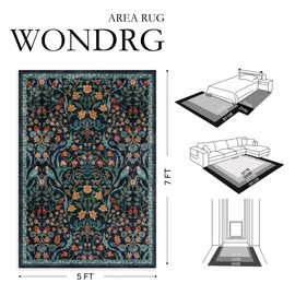 WondRg 2x3 Washable Blue Floral Area Rug for Living Room Non-Slip Soft Throw Rug for Kids Room Vintage Low Pile Stain Resistant Doormat for Entryway Front Door Kitchen Playroom