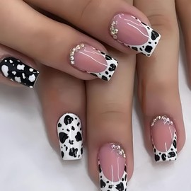 24 Pcs French Tip Press on Nails Short Square Shaped Fake Nails with Cow Print and Rhinestones Design Pink Glossy Leopard Acrylic Nails Full Cover Stick on Nails for Women Nails Manicure Decoration