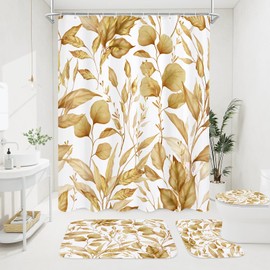 Litabel 4 Pcs Yellow Gold Plant Shower Curtain Set with Non-Slip Rugs, Botanical Toilet Lid Cover and Bath Mat for Aesthetic Bathroom, Elegant Bathroom Decor Set (Hooks not Included)
