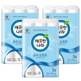 Clean Nara Pure Soft 3-ply 30m 30 roll x 3 pack/natural pulp/non-fluorescent/colorless and unscented / 깨끗한나라  순수 소프트 3겹 30m 30롤x3팩/천연펄프/무형광/무색무향