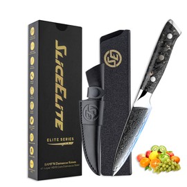SliceElite Elite Series 3.5-Inch Damascus Paring Knife – VG10 Steel Blade with Forged Carbon Fiber and G10 Handles Option, Dual Sheaths & Polishing Cloth (3.5-Inch Paring Knife (Carbon Fiber Handle))