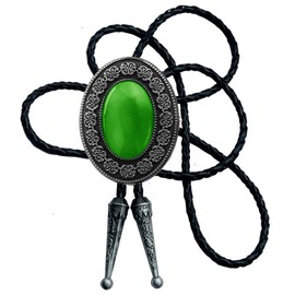 Moranse Bolo Tie with Round Flower And Gem Stone Parterre Style Genuine and Cowhide Rope (Green)