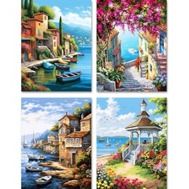YALKIN Pack of 4 Paint by Numbers for Adults, Paint by Numbers, DIY Landscape with Brushes and Acrylic Paints, Hand-Painted Oil Painting Canvas for Home Decor, Without Frame (30 x 40 cm)