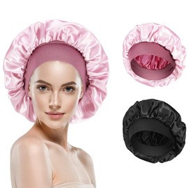 Coumy 2 Packs Silk Bonnet Sleep Cap, Double Layer Satin Bonnet Elastic Silk Bonnets Sleep Cap Satin Hair Caps Night Caps for Women Girls Black Curly Hair