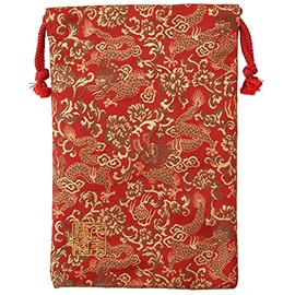 Senitosuin Nishijin Textile Brocade Drawstring Bag (Lined), Red Gold Dragon, Medium Size