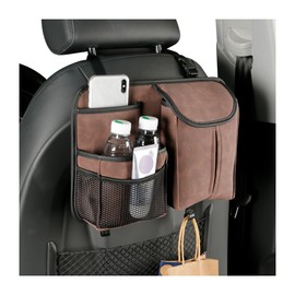 BELOMI Car Seat Back Organizer, Multi Pockets Storage Bag with Tissue Box Net Pocket, Durable Hanging Seat Back Headrest Organizer with Bottom Hooks, Universal Car Travel Accessories (Brown)