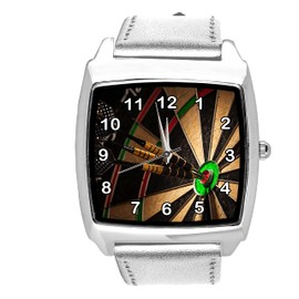 Silver Leather Square Watch for Darts Fans, silver, Bracelet