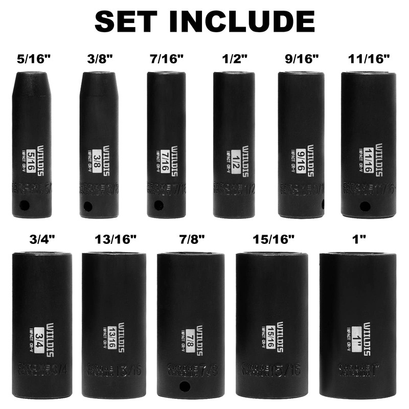WIILDIS 11 Pieces 3/8-Inch Drive Deep Impact Socket Set, 5/16