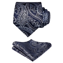 HISDERN Men's Ties Paisley Navy Blue Tie Handkerchief Solid Color Necktie & Pocket Square Set for Wedding Party Jacquard Tie Set