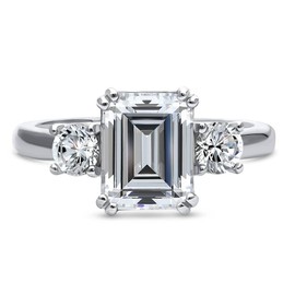BERRICLE Sterling Silver 3-Stone Wedding Engagement Rings 2.6 Carat Emerald Cut Cubic Zirconia CZ Promise Ring for Women, Rhodium Plated Size 6