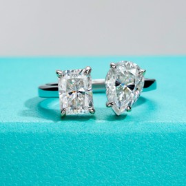 AnuClub Moissanite Open Rings Pear Radiant Cut D Color VVS1 925 Sterling Silver Adjustable Engagement Wedding Promise Ring for Women with Certificate Size 6.5