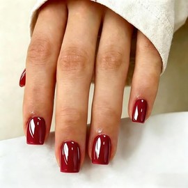 SXVME Uñas postizas cortas cuadradas rojas cromadas, uñas postizas cortas esmaltadas con diseño de espejo brillante, uñas brillantes con purpurina y p