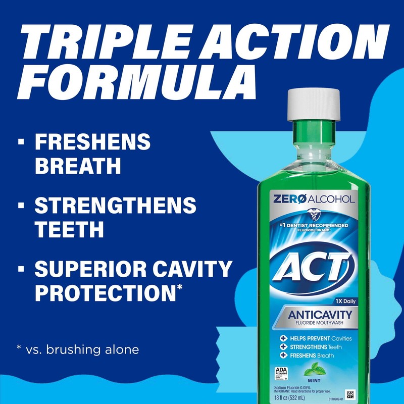 ACT Anticavity Fluoride Mouthwash With Zero Alcohol, Mint, 18 fl.