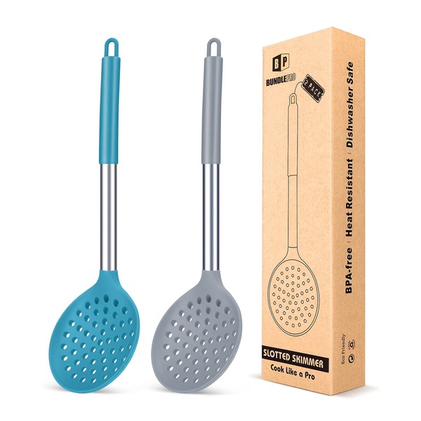 Kitchen Ladle Strainer Set of 2 Large Slotted Spoon with High Heat Resistant BPA Free Non Stick Cooking Skimmers For Draining & Frying (Grey and Teal Blue)