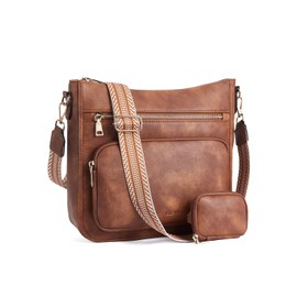 Telena Crossbody Bags for Women Leather Hobo Shoulder Handbag with Mini Wallet Guitar Strap Zipped Pockets Brown