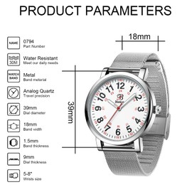 Blekon Original Nurse Watch for Medical Professionals and Students – Various Metallic Mesh Colors, Easy Read Dial, Magnetic and Clasp Mesh Band, 3 ATM Water Resistant (Silver/Clasp Mesh)