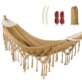 MOSFiATA Backyard Hammock with Tassels Max 500lbs Canvas Fabric Bohemian Style with Thickened Rope and Carry Bag for Outdoor, Garden, Patio, Wedding Decor (Khaki)