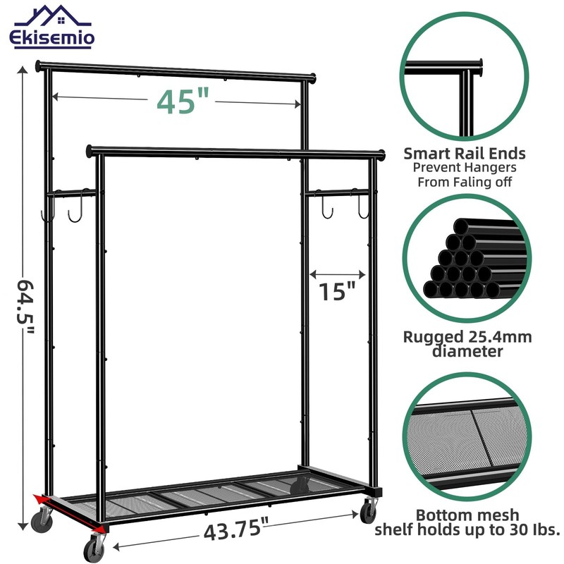 Ekisemio Double Rod Clothes Rack with Wheels Load 400 LBS,