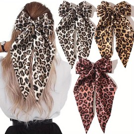 fdsmall Leopard Hair Scarf Scrunchies for Women - 3Pcs Bow Scrunchies Knotted Bow Hair Ties Long Elastic Bands Satin Hair Ribbon Scrunchy Soft Ponytail Holders for Women Gifts (01, One Size)