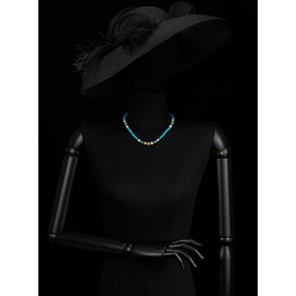 COOLSTEELANDBEYOND Turquoise Bead Choker Necklace Statement Necklace Beads Chain with Pearl Charm and Gold Bead, Metal Metal easter, No Gemstone