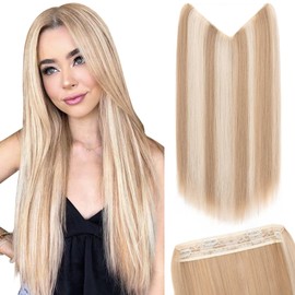 Silk-co Hair Extension with Elastic Band, 50 cm, Straight Extensions with Wire and Clips, Adjustable Secrets Hairpiece, Synthetic Hair Extensions for Women, Honey Blonde, Highlight Bleach Blonde
