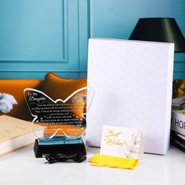 YWHL Daughter Gifts from Dad Mom, Best Birthday Gifts for Daughter Adult, to My Daughter Butterfly-shaped Glass Keepsake with Colorful Light Base, Christmas Graduation Present for Daughter