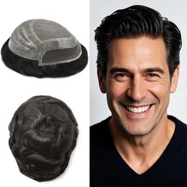 French Lace Front Hair System for Men Fine Mono Mens Toupee Hairpieces Human Remy Hair Replacement Systems Natural Hairline Poly Coating Toupee Hair for Men (8"X10", 1B# OFF BLACK)