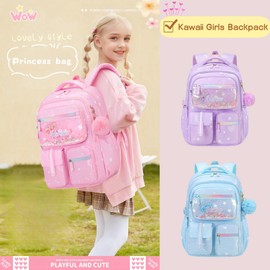 Kawaii Girls Backpack for School Kids, School Bags Rucksack for Girls Daypack with Furry Pendant, B06-Purple