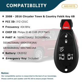 AKS KEYS Replacement for Chrysler Fobik Key That Use FCC IYZ-C01C 6 Buttons (Lock, Unlock, Hatch, Left Sliding Door, Right Sliding Door and Panic) - 434 MHz Compatible with 2008 - 2016 Town & Country