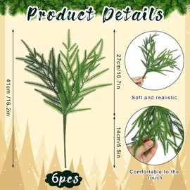 Bessny Christmas Norfolk Pine Branches - Set of 6 Artificial 16-Inch DIY Crafts for Xmas Indoor and Outdoor Home Decor