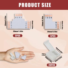 30Pcs LED Light Strip Connectors, 4-Pin RGB 10mm Solderless Connector Adapter Strip to Wire Quick Connection Includes T Shape L Shape RGB LED Light Strip Connectors for SMD 5050 Multicolor LED Strip