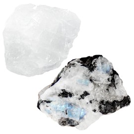 Orientrea Raw Rainbow Moonstone Rough Crystal with Clear Quartz, Natural Rainbow Moonstone Crystal and Healing Stones for Tumbling, Decoration, Polishing, Wire Wrapping, Wicca & Reiki 2PCS