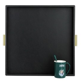 HofferRuffer Elegant Decorative Serving Tray, 20"x20" Square Faux Leather Ottoman Tray with Gold Hardware Handles, Coffee Table Serve Tea, Coffee or Breakfast (Black)