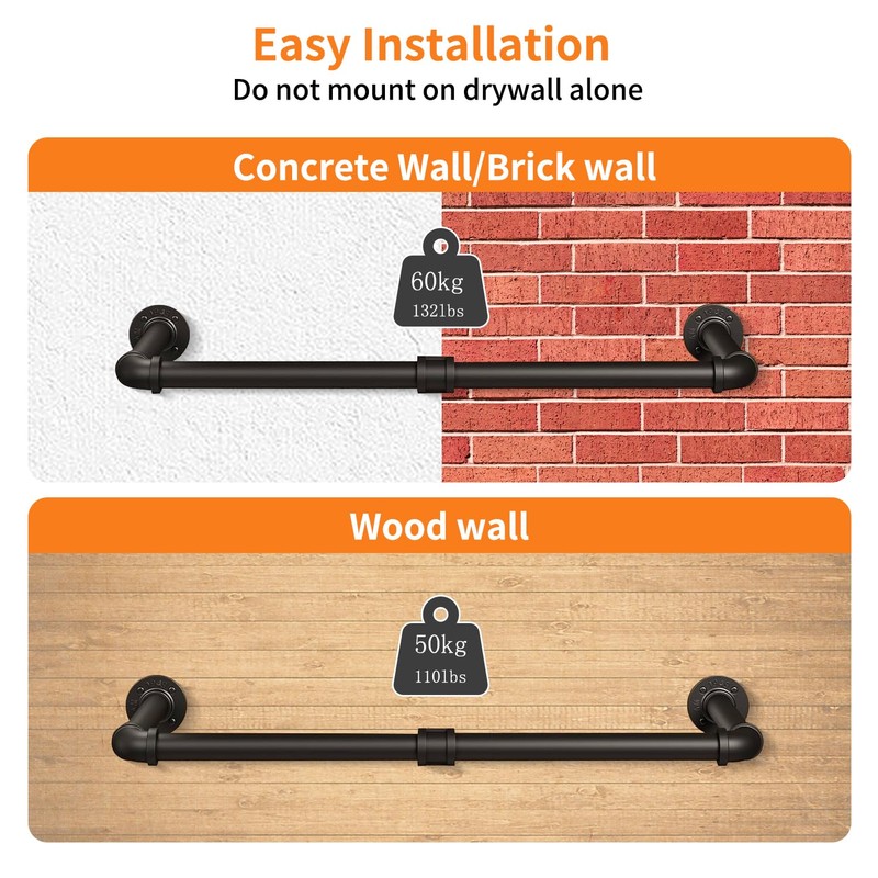 Wall Mounted Clothes Rack 36in, Industrial Pipe Wall Mount Clothing
