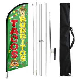 Tacos Burritos Advertising Swooper Flag Banner, Tacos Burritos Feather Flag with Flag Pole and Ground Stake, 11Ft Advertising Feather Banner Sign for Tacos Burritos Business