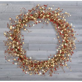 Red Co. 30” Light-Up Christmas Wreath with Red and Cream Pip Berries, Battery-Operated LED Lights with Timer