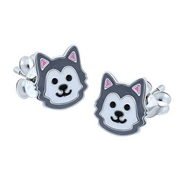 Husky Dog Wolf Earrings - Grey and White - 925 Sterling Silver
