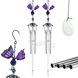 OUZHOU Wind Chimes, 2 Pcs Butterfly Wind Chime with 4 Hollow Aluminum Tubes and Hook, Wind Chimes for Garden Backyard Balcony Patio Decor, Gift for Women Girls