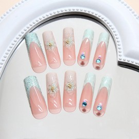 MERVF Long Press on Nails Square Fake Nails Lake Blue Glitter French Tip Glue on Nails 3D Flower Design Squoval Acrylic Nails for Women Glossy 24pcs
