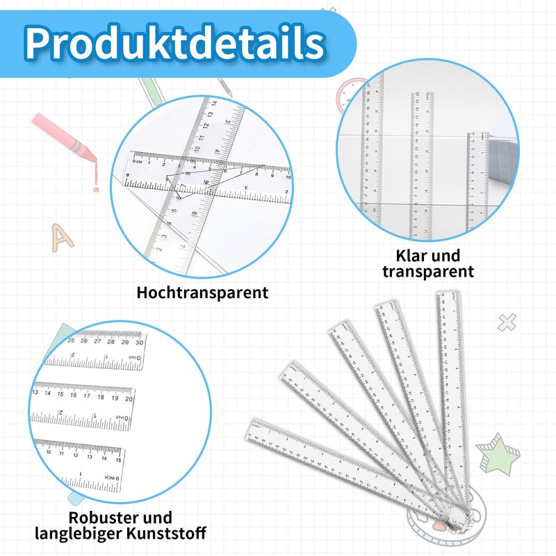 Ruler 30 cm, Pack of 12 Transparent Rulers for School