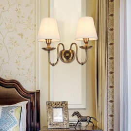 Aiwen 2-Light Bedroom Wall Lamps Polished Solid Brass Finish Wall Lights with White Flax Fabric Shade Vintage Reading Lights Wall Sconces for Bedside Hallway E12