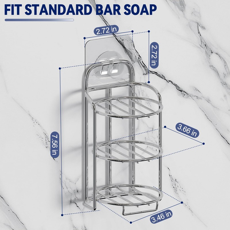 Silver 3-Tier Shower Soap Shampoo Bar Holder, Self Adhesive &