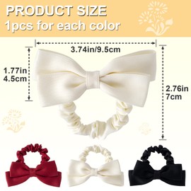 BEIQIYA 3pcs Bow Hair Scrunchie for Women, Soft Ribbon Bowknot Ponytail Holder, Non-Slip Bow Elastic Hair Ties Ropes Hair Accessories for Parties Ceremonies Festival Daily Wearing- Black & Red & White