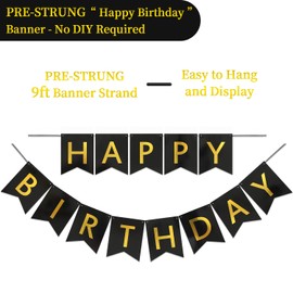 LITAUS Happy Birthday Banner & Sign - 9ft Pre-Strung No Assembly | Black Gold Birthday Decorations for Women, Men, Girls, Boys, Adults | Reusable Party Backdrop, Wall Decor for All Celebrations