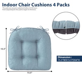 IASEAHK Chair Cushions for Dining Chairs, Seat Cushions for Kitchen Chairs, Indoor Seat Cushions with Ties, Tufted Foam Chair Pads, Non Slip Chair Cushions Set of 6, 15.5" x 15.5" x 4", Light Blue