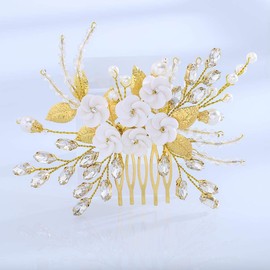 Ushiny Flower Crystal Bridal Pearl Hair Accessories for Women Girls (Gold)