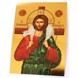 Christ The Good Shepherd gilded laminated Greek icon prayer card 4x3 inch